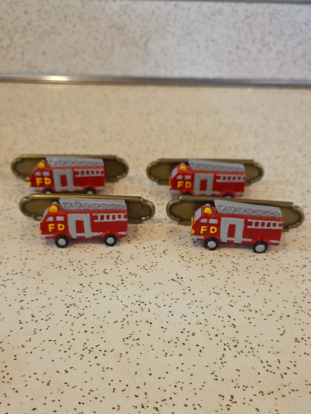 Red Fire Truck‎ Resin Drawer Pulls With Removable Brass Plate Set of 4